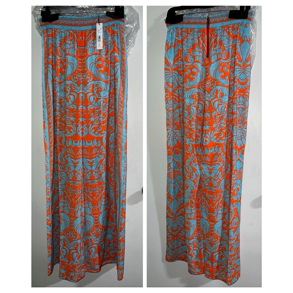 Alice + Olivia Athena Smocked Waistband Wide Leg Sienna Orange Blue Pant - Picture 10 of 17